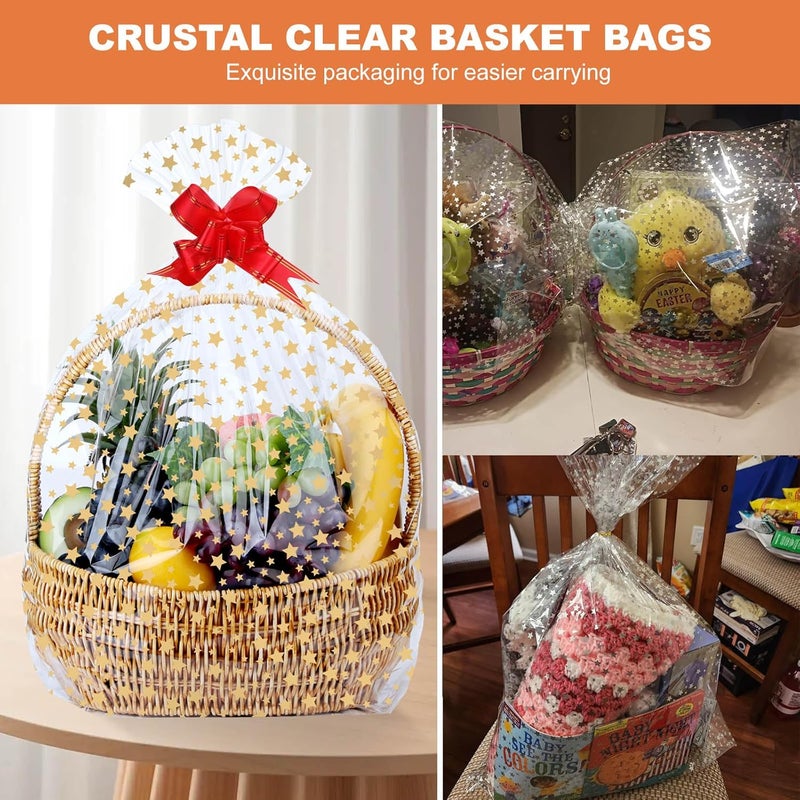 ZIMCEMS 12Pcs 20X30 inch Gold Star Printed Clear Cellophane Gift Wrap Bags Basket Wrapping Plastic Large Cello Bags for Party Favors Treats Mug with 5" Twist Ties - Image 3